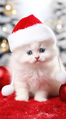 Adorable fluffy kitty Santa hat sitting Christmas present box lights background new year poster santa hat photographyの素材