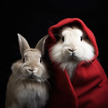 Cute rabbit hare red santa hat background snow postcard fluffy animals gift red winter photo art wall posterの素材