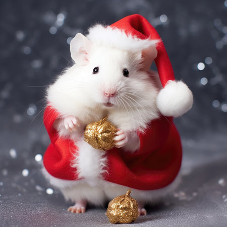 Adorable fluffy hamster Santa hat sitting Christmas present box lights background new year poster santa hat photographyの素材