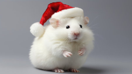Adorable fluffy hamster Santa hat sitting Christmas present box lights background new year poster santa hat photographyの素材