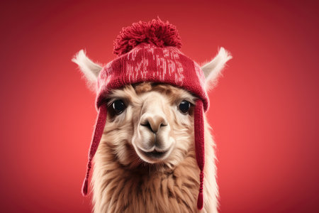 Cute llama wearing Christmas hat Posing red background funny looking santa new year clipart camel photo happyの素材