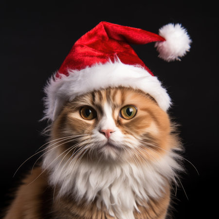 Adorable fluffy cat Santa hat sitting Christmas present box lights background new year poster santa hat photographyの素材
