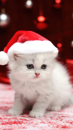 Adorable fluffy kitty Santa hat sitting Christmas present box lights background new year poster santa hat photographyの素材