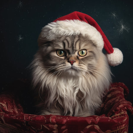 Adorable fluffy cat Santa hat sitting Christmas present box lights background new year poster santa hat photographyの素材