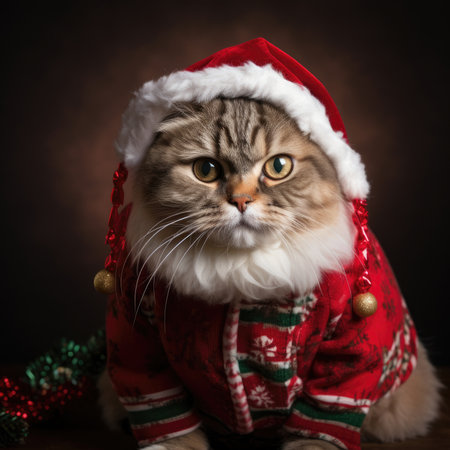 Adorable fluffy cat Santa hat sitting Christmas present box lights background new year poster santa hat photographyの素材