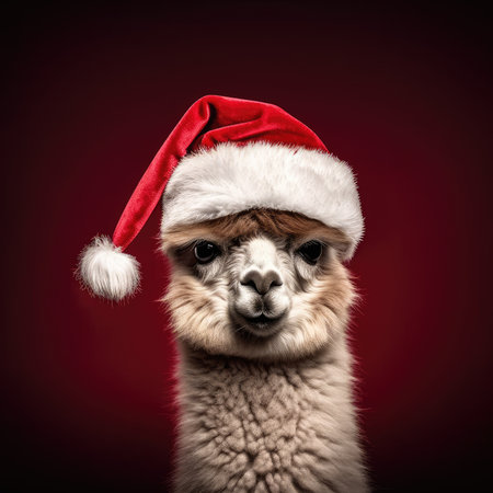 Cute llama wearing Christmas hat Posing red background funny looking santa new year clipart camel photo happyの素材