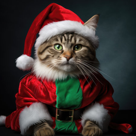 Adorable fluffy cat Santa hat sitting Christmas present box lights background new year poster santa hat photographyの素材