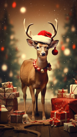 Cute deer hare red santa hat background snow postcard fluffy animals gift red winter photo art wall posterの素材
