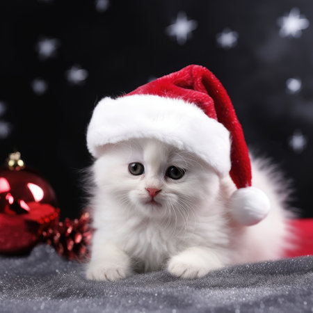 Adorable fluffy kitty Santa hat sitting Christmas present box lights background new year poster santa hat photographyの素材
