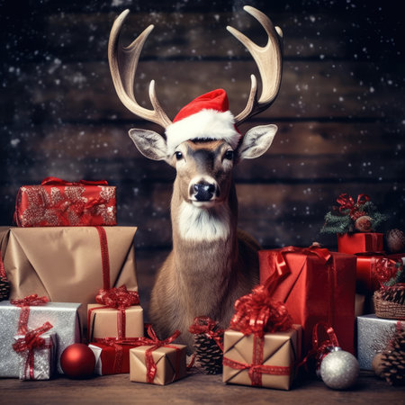 Cute deer hare red santa hat background snow postcard fluffy animals gift red winter photo art wall posterの素材