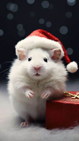 Adorable fluffy hamster Santa hat sitting Christmas present box lights background new year poster santa hat photographyの素材