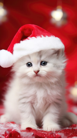Adorable fluffy kitty Santa hat sitting Christmas present box lights background new year poster santa hat photographyの素材