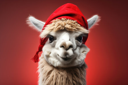 Cute llama wearing Christmas hat Posing red background funny looking santa new year clipart camel photo happyの素材