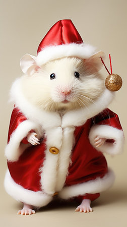 Adorable fluffy hamster Santa hat sitting Christmas present box lights background new year poster santa hat photographyの素材