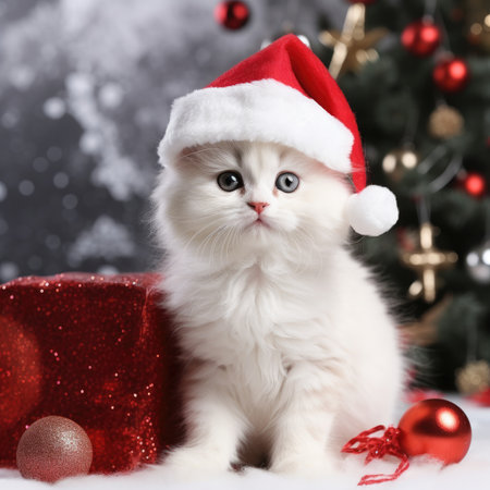Adorable fluffy kitty Santa hat sitting Christmas present box lights background new year poster santa hat photographyの素材