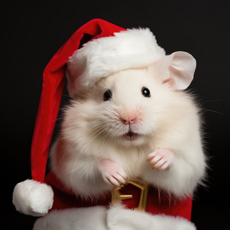 Adorable fluffy hamster Santa hat sitting Christmas present box lights background new year poster santa hat photographyの素材
