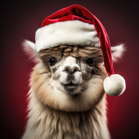 Cute llama wearing Christmas hat Posing red background funny looking santa new year clipart camel photo happyの素材
