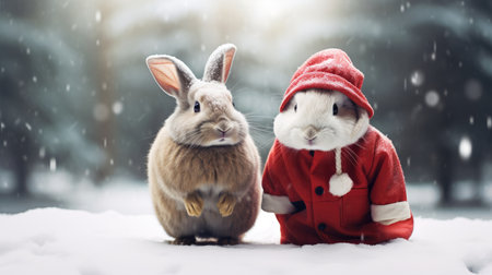 Cute rabbit hare red santa hat background snow postcard fluffy animals gift red winter photo art wall posterの素材