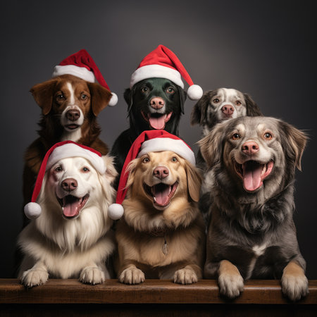 Cute dog puppy with christmas gift boxes concept photo poster merry present red new year white red dogの素材