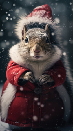 Cute squirrel red santa hat background snow postcard fluffy animals gift red winter photo art wall posterの素材