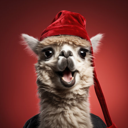 Cute llama wearing Christmas hat Posing red background funny looking santa new year clipart camel photo happyの素材