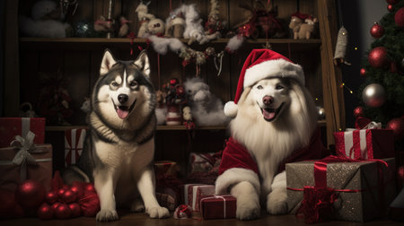 Cute dog puppy with christmas gift boxes concept photo poster merry present red new year white red dogの素材