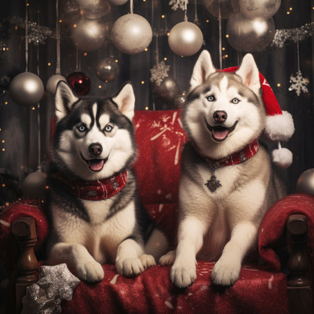 Cute dog puppy with christmas gift boxes concept photo poster merry present red new year white red dogの素材