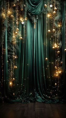 Backdrop studio photo christmas tree green background digital decorations garlands clipart cinematic light luxuryの素材