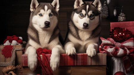 Cute dog puppy with christmas gift boxes concept photo poster merry present red new year white red dogの素材