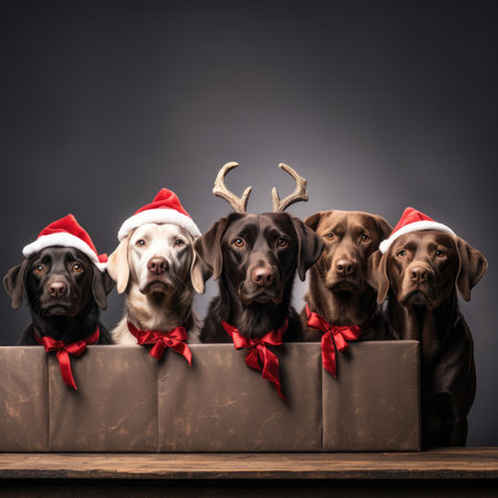 Cute dog puppy with christmas gift boxes concept photo poster merry present red new year white red dogの素材