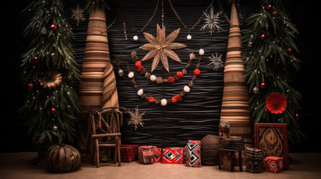 New Year's Photo Zone Wigwam Aboriginal style Christmas tree tamarezes imitation ethnic totems ornamentの素材