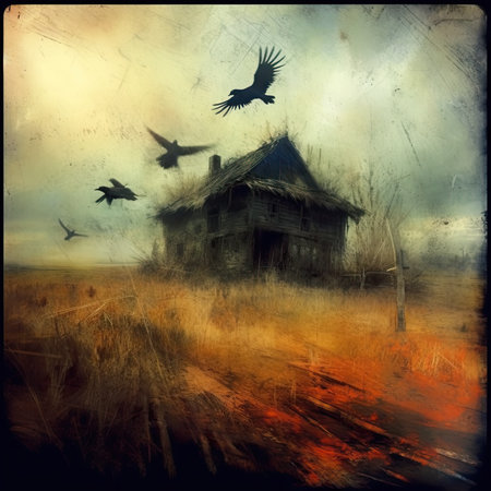 A house with a dark and ominous atmosphere. The sky is orange and the castle is surrounded by rocks. There are many birds flying around the castleの素材