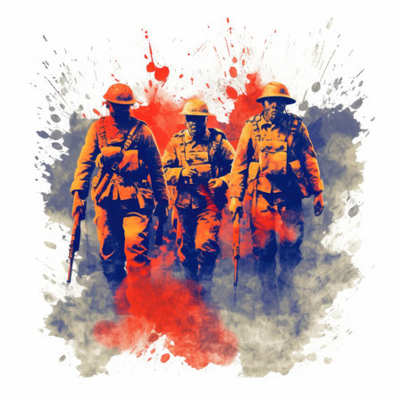 Two soldiers are walking in a war scene with a splash of color. Scene is intense and dramatic blue and redの素材