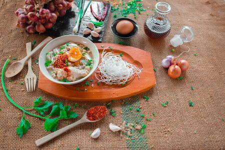 Boiled rice noodle soup, Vietnamese food that is popular in Asia. With cooking ingredients Placed nearbyの写真素材