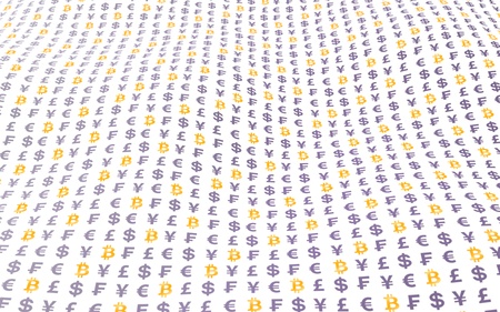 Bitcoin background. Cryptocurrency 3D illustration. Digital currency symbol. Wave effect, currency market fluctuations. Business conceptの写真素材