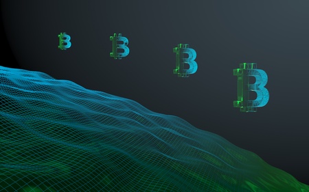 Digital currency symbol Bitcoin on abstract dark background. Business, finance and technology concept.の写真素材