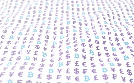 Bitcoin background. Cryptocurrency 3D illustration. Digital currency symbol. Wave effect, currency market fluctuations. Business concept. 3D illustrationの写真素材