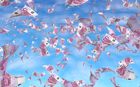 Flying euro banknotes against the sky background. Money is flying in the air. 500 EURO in color. 3D illustrationの写真素材
