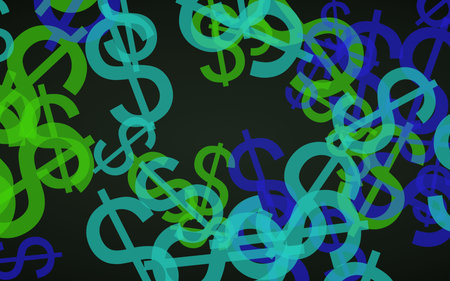 Multicolored translucent dollar signs on dark background. Green tones. 3D illustrationの写真素材
