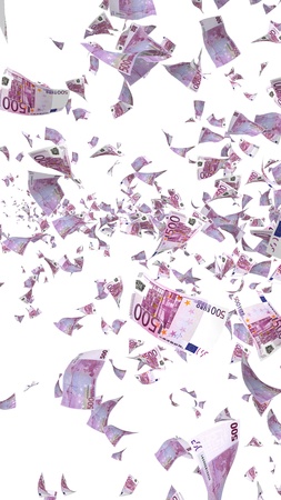 Flying euro banknotes isolated on a white background. Money is flying in the air. 500 EURO in color. 3D illustrationの写真素材