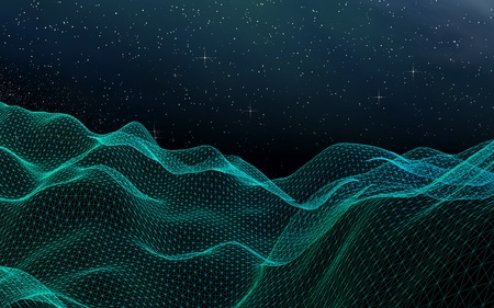 Abstract landscape on a dark background. Cyberspace grid. hi tech network. Outer space. Starry outer space texture. 3D illustrationの写真素材
