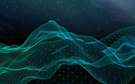 Abstract landscape on a dark background. Cyberspace grid. hi tech network. Outer space. Starry outer...
