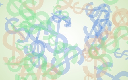 Multicolored translucent dollar signs on white background. 3D illustrationの写真素材