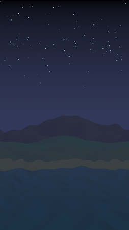 Starry moonless sky. Ocean shore line with waves on a beach. Island beach paradise with waves. Vacation, summer, relaxation. Seascape, seashore. Minimalist landscape, primitivism. 3D illustrationの写真素材