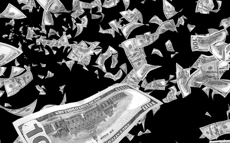 Flying dollars banknotes isolated on dark background. Money is flying in the air. 100 US banknotes new sample. Black and white style. 3D illustrationの写真素材