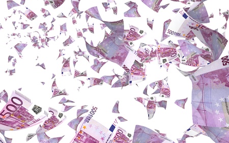 Flying euro banknotes isolated on a white background. Money is flying in the air. 500 EURO in color. 3D illustrationの写真素材