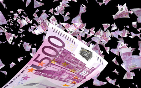 Flying euro banknotes isolated on a dark background. Money is flying in the air. 500 EURO in color....