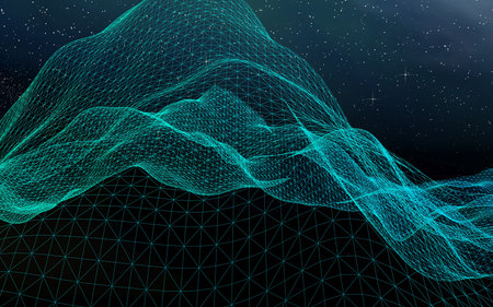 Abstract landscape on a dark background. Cyberspace grid. hi tech network. Outer space. Starry outer...