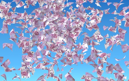 Flying euro banknotes against the sky background. Money is flying in the air. 500 EURO in color. 3D illustrationの写真素材