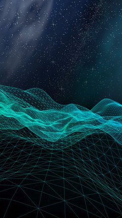 Abstract landscape on a dark background. Cyberspace grid. hi tech network. Outer space. Vertical...